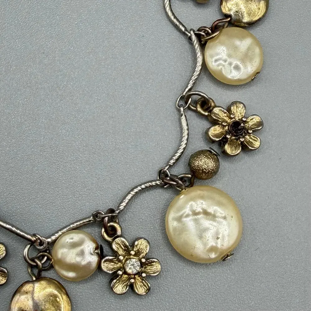 Vintage Mixed Metal Floral Pearl Charm Bracelet - Picture 3 of 3